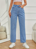 gbolsos  Light Blue Casual Straight Jeans, Non-Stretch Loose Fit Slash Pockets Denim Pants, Women's Denim Jeans & Clothing