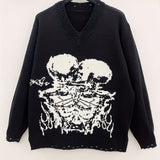 gbolsos  Plus Size Men's Skull Graphic V-Neck Knit Sweaters Long Sleeve With Hollow Edge Solid Color Casual Knitted Sweaters Halloween Sweaters, Best Sellers