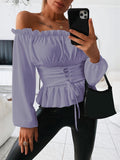 Off Shoulder Ruffle Trim Blouse, Casual Solid Long Sleeve Tie Front Blouse, Women's Clothing