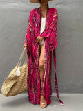 gbolsos  Plus Size Boho Kimono, Women's Plus Tie Dye Striped Long Sleeve Open Front Kimono Cover Up With Belt