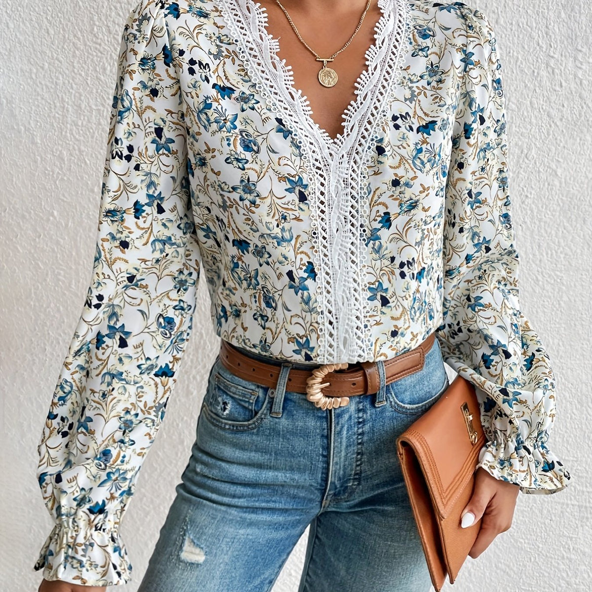 Lace Trim Floral Print Blouse, Elegant Ruffle Trim Long Sleeve V Neck Blouse For Spring & Fall, Women's Clothing