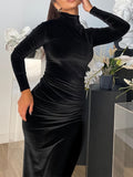 gbolsos  Velvet Mock Neck Dress, Elegant Long Sleeve Ruched Bodycon Dress, Women's Clothing