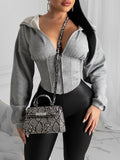 gbolsos  Zip Up Crop Hoodie, Long Sleeve Hoodies Sweatshirt, Casual Tops For Fall & Winter, Women's Clothing