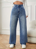 gbolsos  Blue Casual Wide Legs Jeans, Loose Fit Slash Pockets Straight Legs Mid Waist Denim Pants, Women's Denim Jeans & Clothing