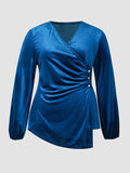 gbolsos  Plus Size Solid Velvet Top, Casual Asymmetrical Hem V Neck Long Sleeve Top, Women's Plus Size Clothing