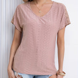 gbolsos  V Neck Eyelet T-Shirt, Solid Short Sleeve Casual Top For Summer & Spring, Women's Clothing