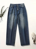 gbolsos  Blue Loose Fit Straight Jeans, Single Breasted Button Slant Pockets Denim Trousers, Women's Denim Jeans & Clothing