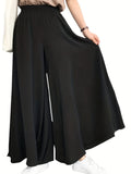 Plus Size Casual Pants, Women's Plus Solid Elastic High Rise Medium Stretch Loose Wide Leg Trousers