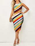 gbolsos  Contrast Color Crew Neck Dress, Elegant Sleeveless Stretchy Bodycon Midi Dress, Women's Clothing
