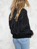 Plus Size Casual Coat, Women's Plus Solid Zip Up Lone Sleeve Bomber Jacket With Pockets