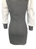 Houndstooth Print Splicing Dress, Elegant Bodycon Ruched Long Sleeve Dress, Women's Clothing