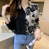 gbolsos  Color Block Letter Print Shirt, Button Down Long Sleeve Shirt, Casual Every Day Tops, Women's Clothing