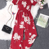 elveswallet  Floral Print Wide Leg Jumpsuit, Boho Casual Jumpsuit For Spring & Summer, Women's Clothing