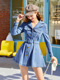 gbolsos Long Sleeves Lapel Denim Dress, Flap Pockets Mid-Stretch With Waistband Peplum Denim Dress, Women's Denim Clothing