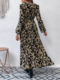 Allover Print Ruffle Hem Dress, Elegant V Neck Long Sleeve Dress, Women's Clothing