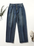 Rolled Hem Single-breasted Closure Denim Pants, Straight Legs Loose Fit Casual Denim Jeans, Women's Denim Jeans & Clothing