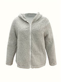 Plus Size Casual Winter Coat, Women's Plus Solid Zip Up Long Sleeve Hooded Teddy Coat