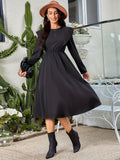 Solid Cinched Waist Midi Dress, Elegant Crew Neck Long Sleeve Dress, Women's Clothing