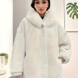 gbolsos Faux Fur Zip Up Hooded Coat, Casual Button Long Sleeve Winter Warm Outerwear, Women's Clothing