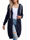 Solid Zip Up Long Length Hoodie, Casual Long Sleeve Drawstring Hoodies Sweatshirt, Women's Clothing