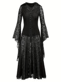 gbolsos  Women's Gothic Corset Waist Hoodie Lace Dress with Flare Sleeves and Lapel - Perfect for Halloween and Cosplay
