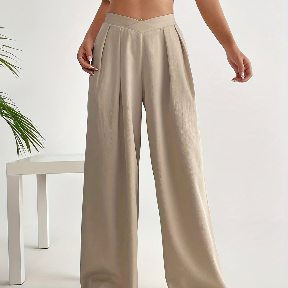 gbolsos  Solid High Waist Pants, Casual Wide Leg Ruched Pants, Women's Clothing