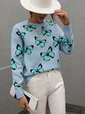 gbolsos  Butterfly Print Knit Sweater, Elegant Crew Neck Long Sleeve Sweater, Women's Clothing