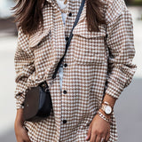 gbolsos  Houndstooth Print Shacket Jacket, Casual Button Front Long Sleeve Outerwear, Women's Clothing