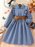 Girl's Casual Dress Button Collar Belted Pleated A Line Midi Dress Long Sleeve Ruffle Trim Shirt Dresses