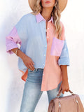 Color Block Stitching Shirt, Casual Pocket Long Sleeve Button Down Shirt, Women's Clothing