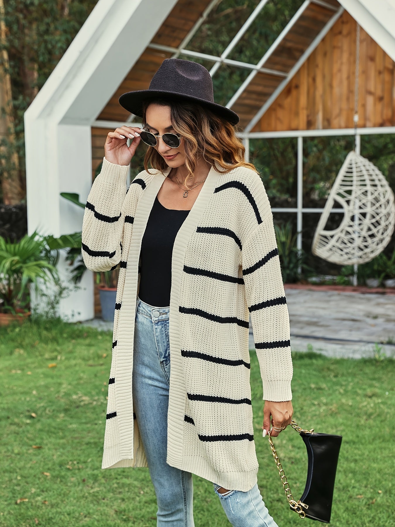Striped Open Front Drop Shoulder Knit Cardigan, Casual Long Sleeve Cardigan For Fall & Winter, Women's Clothing