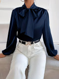 Solid Tie Neck Blouse, Elegant Long Lantern Sleeve Blouse For Spring & Fall, Women's Clothing