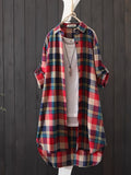 Plaid Print Button Front Shirt, Thigh Length Long Sleeve Shirt For Spring & Fall, Women's Clothing