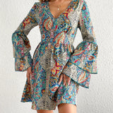 Paisley Print Layered Dress, Boho V Neck Long Sleeve Pleated Dress, Women's Clothing