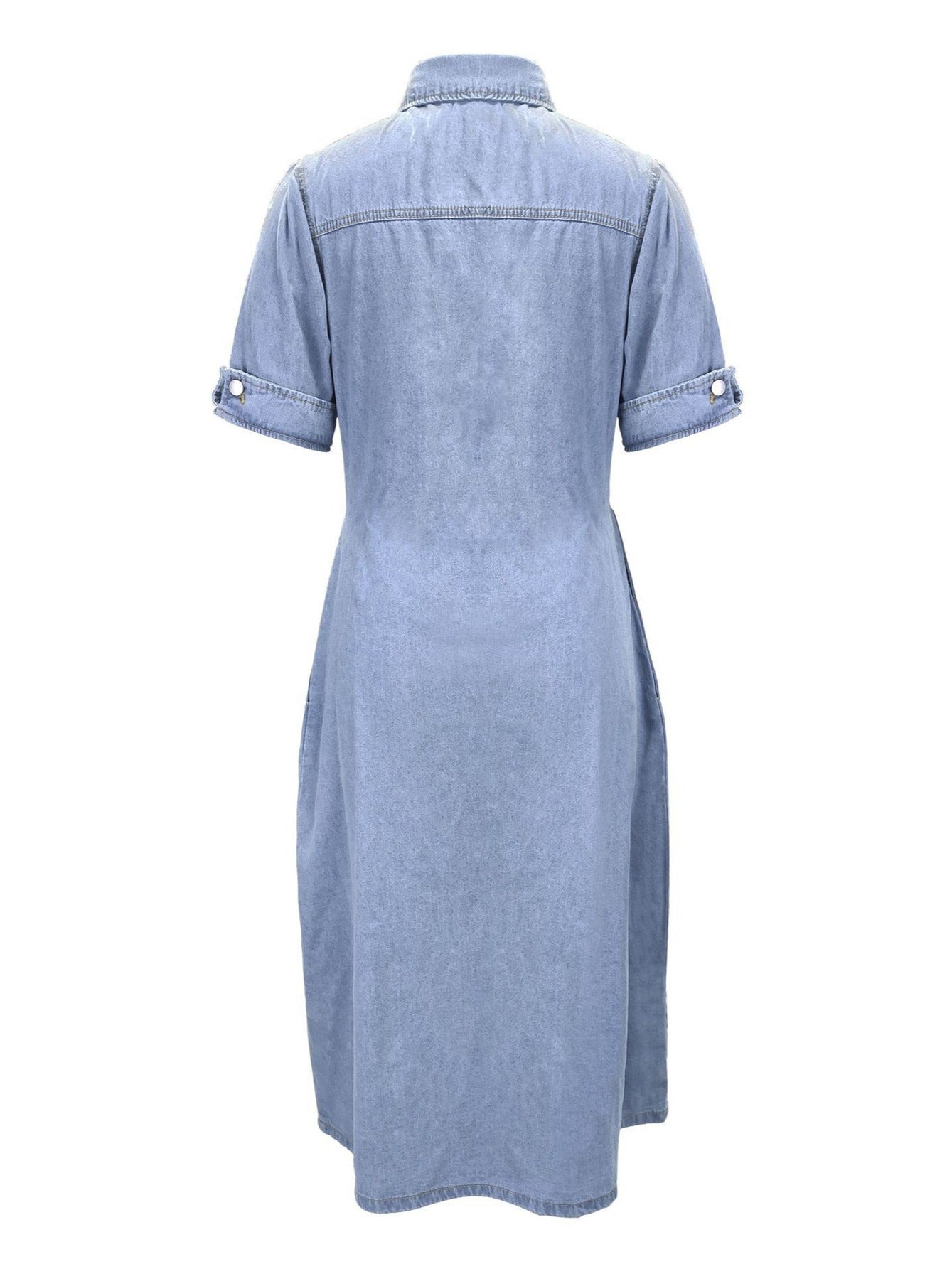 gbolsos  A-Line Flap Pockets Denim Dress, Rolled Sleeve Button Up V Neck Dress, Casual Lapel Denim Long Dress, Women's Denim Dress & Clothing