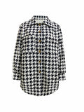 Houndstooth Print Button Front Shirt, Casual Long Sleeve Shirt For Spring & Fall, Women's Clothing