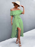 Elegant One Shoulder Dress, Casual Strapless Ruffle Trim Polka Dot Slit Irregular Trapeze Dresses, Women's Clothing