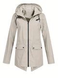 Solid Zip Up Drawstring Trench Coat, Casual Long Sleeve Hooded Jacket, Women's Clothing