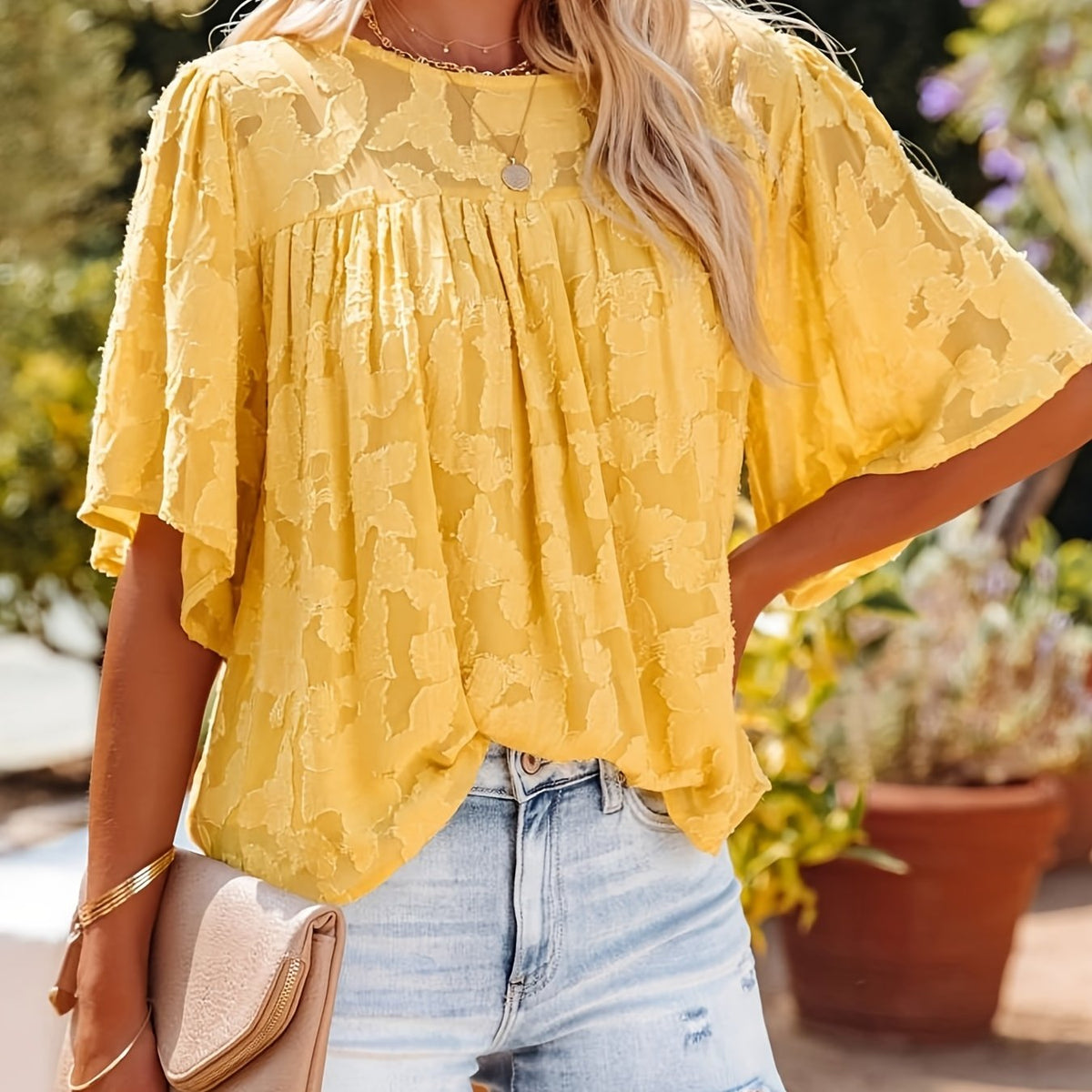 gbolsos  Casual Lace Flare Sleeve Blouse, Short Sleeve Crew Neck Solid Blouse, Casual Every Day Tops, Women's Clothing