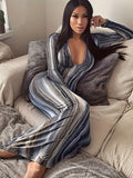 Striped Bodycon Maxi Dress, Party Wear Plunging Long Sleeve Dress, Women's Clothing