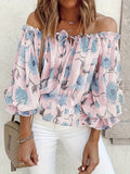 gbolsos  Off Shoulder Floral Print Blouse, Casual Ruffle Trim Blouse, Women's Clothing