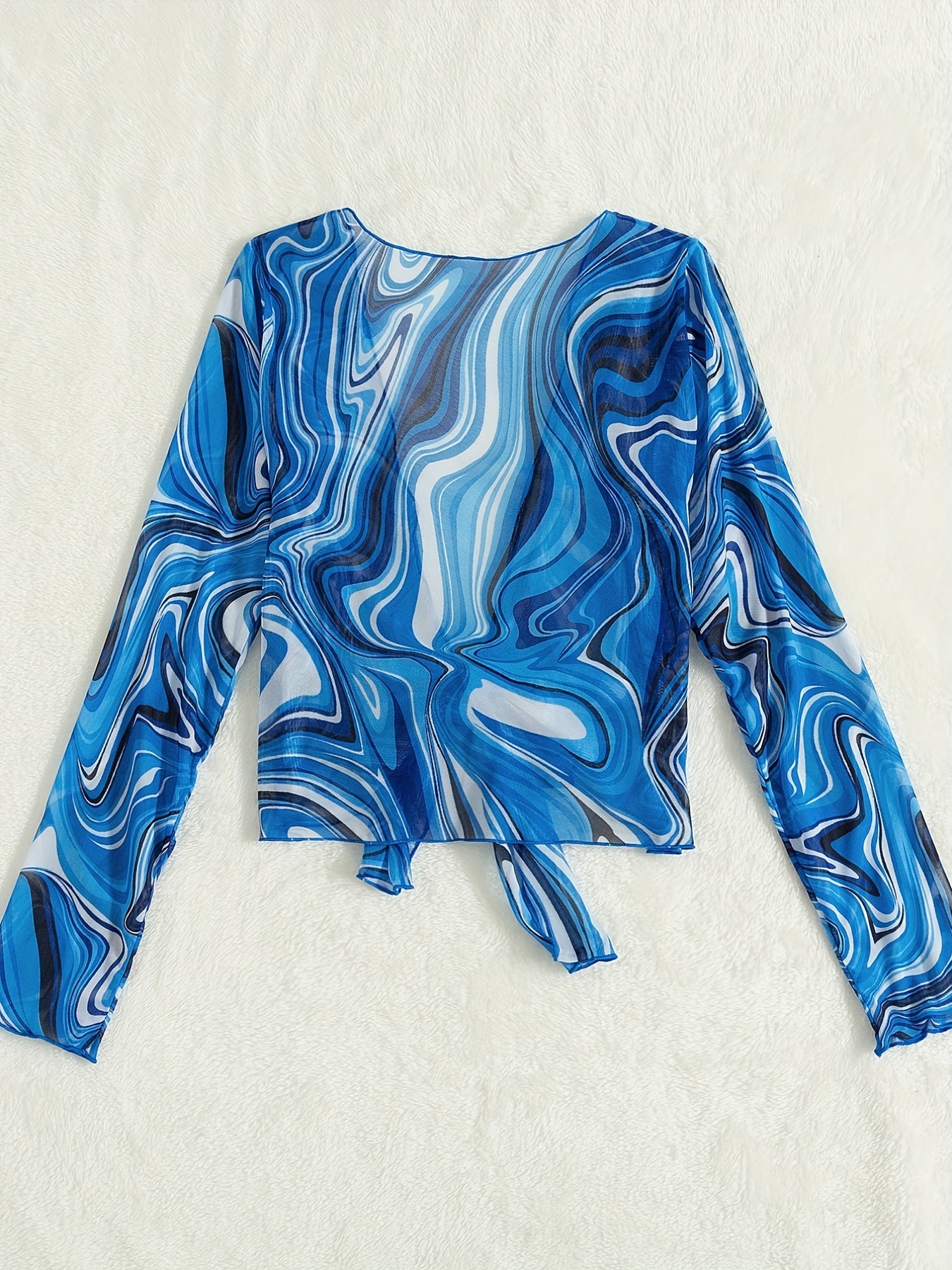 gbolsos  Blue Fluid Print Long Sleeve Cover Up, Soft Mesh Bow Tie Sun Protection Cardigan, Women's Swimwear & Clothing