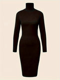 Turtleneck Solid Midi Dress, Elegant Long Sleeve Bodycon Dress, Women's Clothing