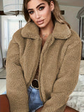 Plus Size Casual Coat, Women's Plus Solid Teddy Fleece Long Sleeve Zip Up Lapel Collar Coat