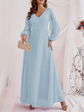 Solid Contrast Lace Dress, Elegant V Neck Long Sleeve Maxi Dress, Women's Clothing