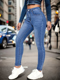 gbolsos  Stretchy Whiskering Skinny Jeans, Medium Blue High Rise Slash Pocket Denim Pants, Women's Denim Jeans & Clothing