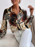 gbolsos  Chain Print V-neck Loose Lapel Blouses, Casual Button Down Long Sleeve Fashion Shirts Tops, Women's Clothing