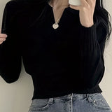 Solid Notched  Collar Pullover Sweater, Casual Long Sleeve Crop Sweater For Spring & Fall, Women's Clothing