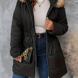 Plus Size Casual Winter Coat, Women's Plus Solid Quilted Fuzzy Trim Hooded Long Sleeve Hooded Nipped Waist Tunic Puffer Coat With Pockets