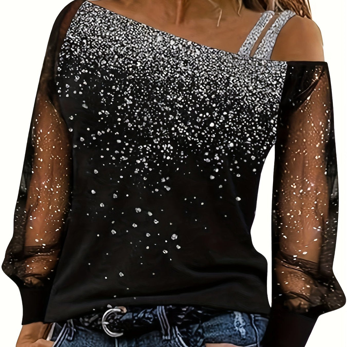 Mesh Stitching Cold Shoulder T-Shirt, Casual Long Sleeve Top For Spring & Fall, Women's Clothing